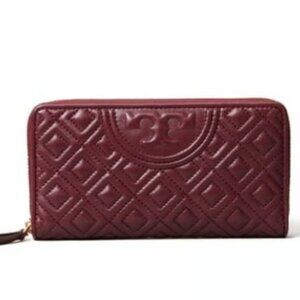 Tory Burch Fleming Continental Zip Wallet Claret Red Quilted Leather NWT